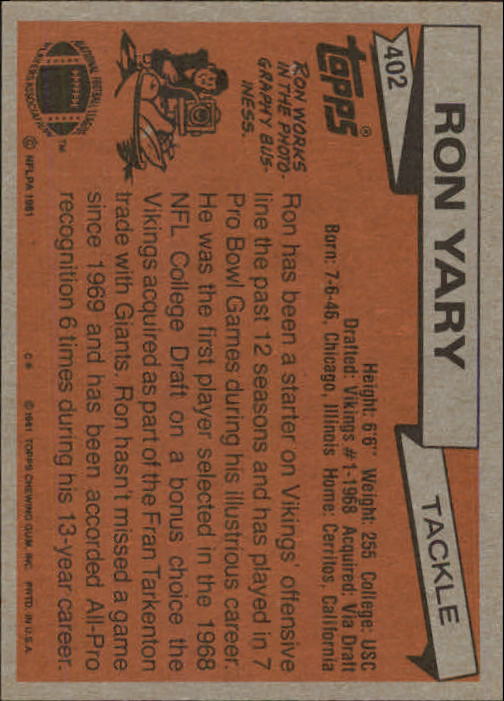 1981 Topps #402 Ron Yary back image