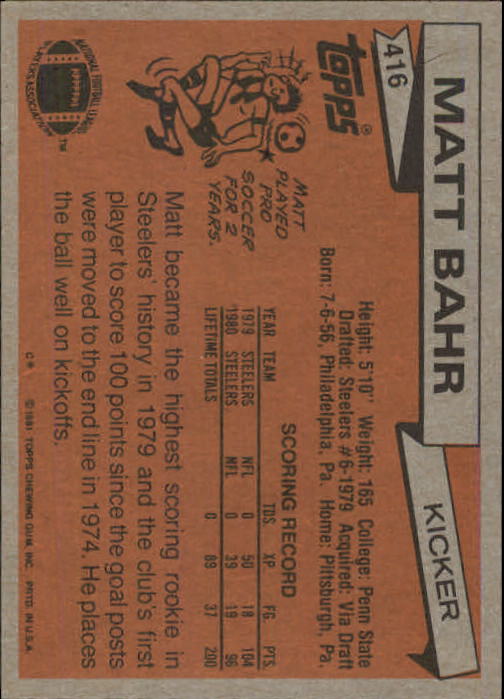 1981 Topps #416 Matt Bahr back image