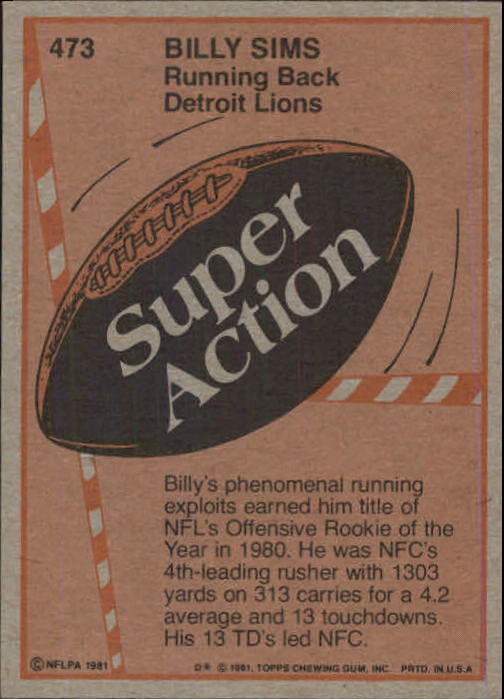 1981 Topps #473 Billy Sims SA back image