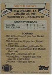 1981 Topps #494 Super Bowl XV/Raiders 27,/Eagles 10/(Plunkett handing/off to Kenny King) back image