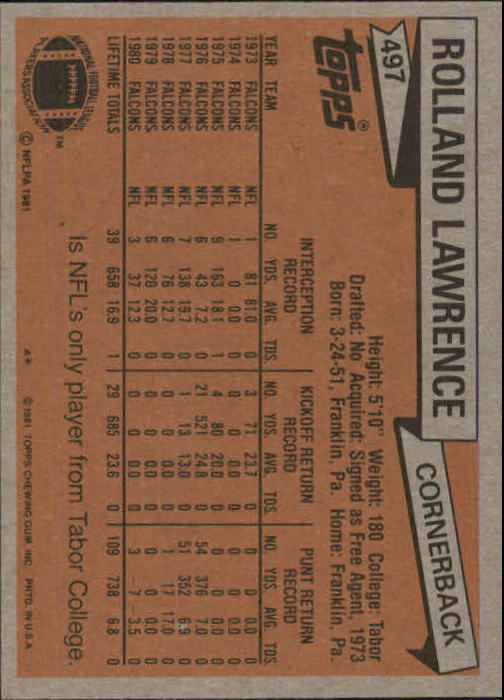 1981 Topps #497 Rolland Lawrence back image