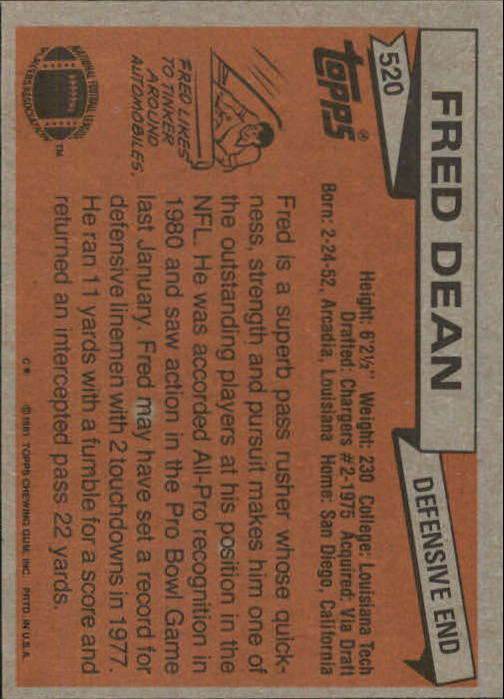 1981 Topps #520 Fred Dean back image