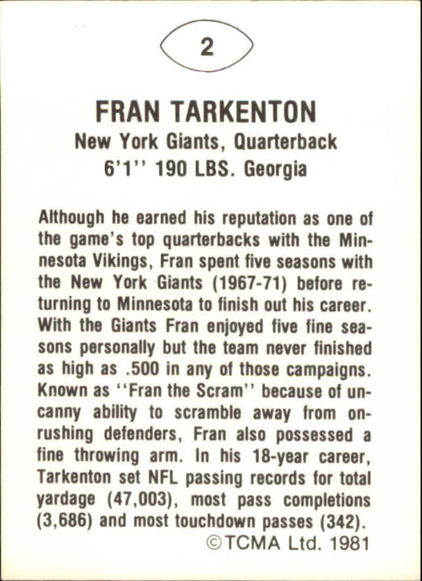 1981 TCMA Greats #2 Fran Tarkenton back image