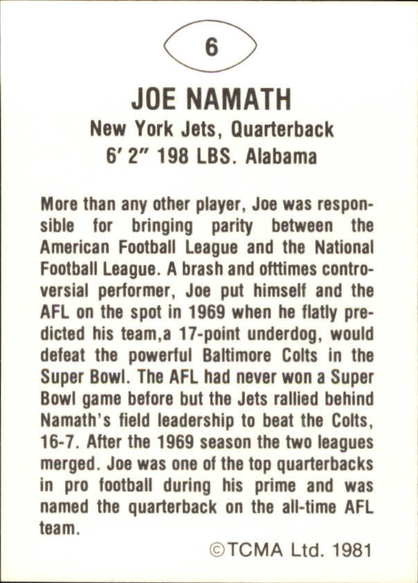 1981 TCMA Greats #6 Joe Namath back image