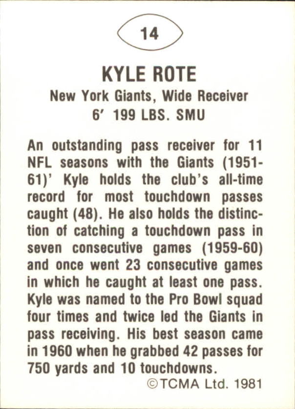 1981 TCMA Greats #14 Kyle Rote back image