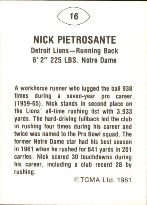 1981 TCMA Greats #16 Nick Pietrosante back image