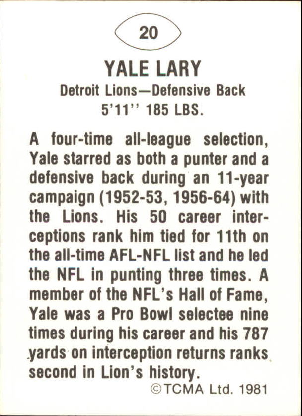 1981 TCMA Greats #20 Yale Lary back image