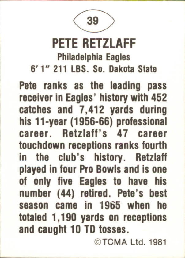 1981 TCMA Greats #39 Pete Retzlaff back image