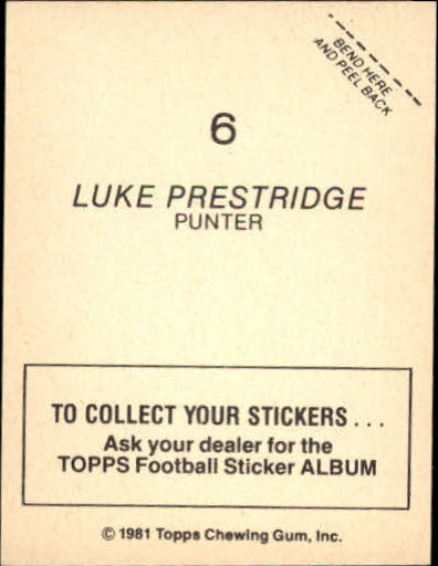 1981 Topps Stickers #6 Luke Prestridge LL back image