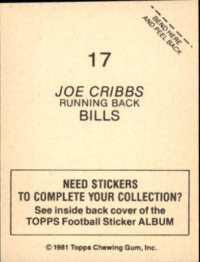1981 Topps Stickers #17 Joe Cribbs back image