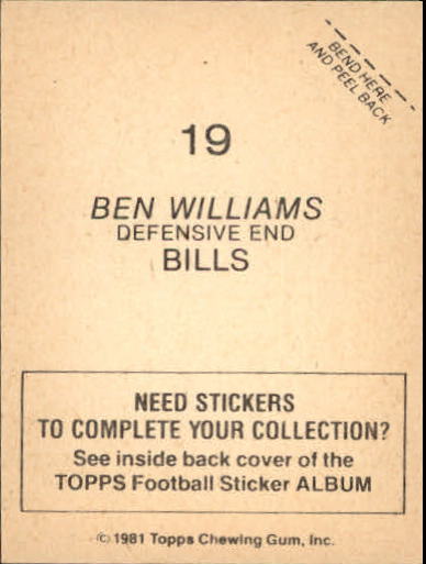 1981 Topps Stickers #19 Ben Williams back image