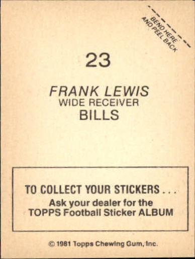 1981 Topps Stickers #23 Frank Lewis back image