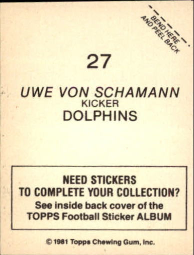1981 Topps Stickers #27 Uwe Von Schamann back image