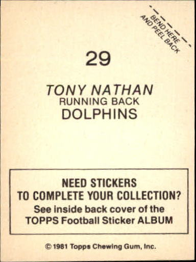 1981 Topps Stickers #29 Tony Nathan back image