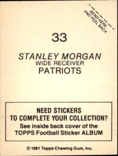 1981 Topps Stickers #33 Stanley Morgan back image