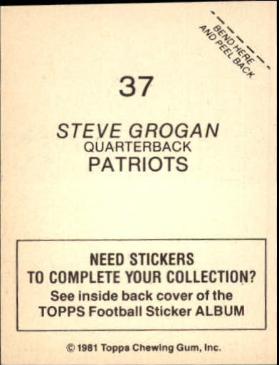 1981 Topps Stickers #37 Steve Grogan back image