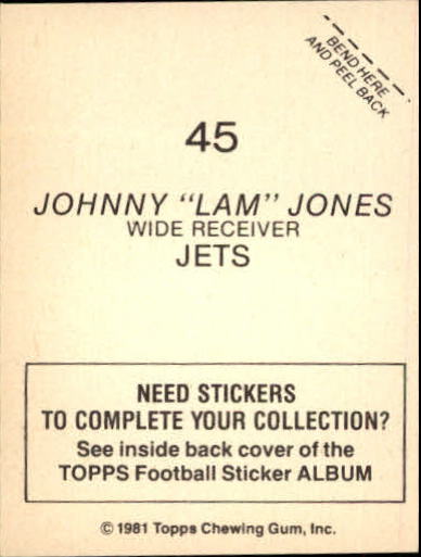1981 Topps Stickers #45 Johnny Lam Jones back image