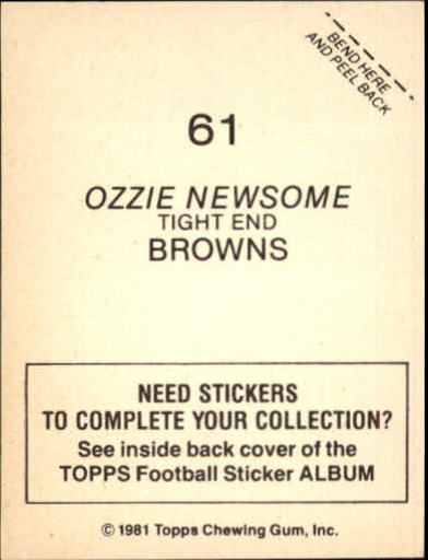 1981 Topps Stickers #61 Ozzie Newsome back image