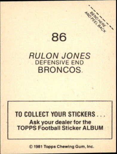 1981 Topps Stickers #86 Rulon Jones back image