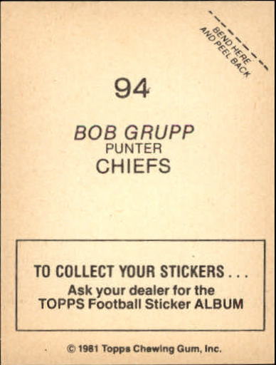 1981 Topps Stickers #94 Bob Grupp back image