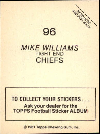1981 Topps Stickers #96 Mike Williams back image