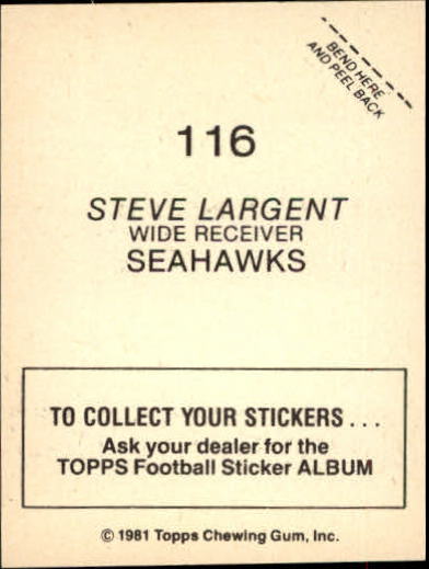 1981 Topps Stickers #116 Steve Largent back image