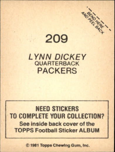 1981 Topps Stickers #209 Lynn Dickey back image