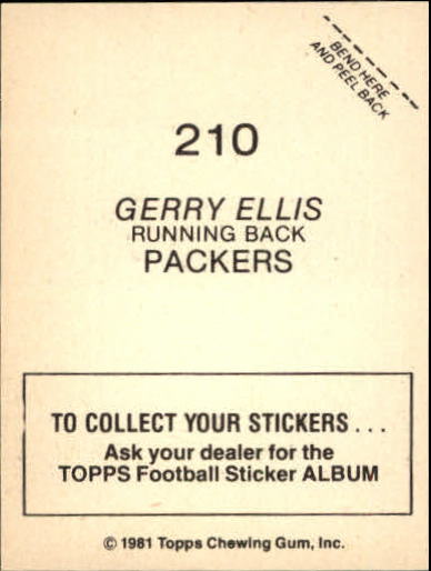 1981 Topps Stickers #210 Gerry Ellis back image