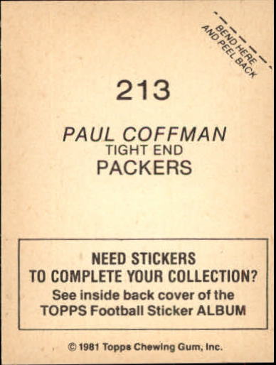 1981 Topps Stickers #213 Paul Coffman back image