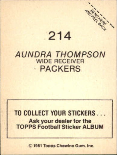 1981 Topps Stickers #214 Aundra Thompson back image