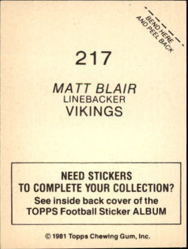 1981 Topps Stickers #217 Matt Blair back image
