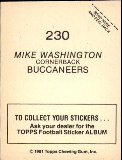 1981 Topps Stickers #230 Mike Washington back image