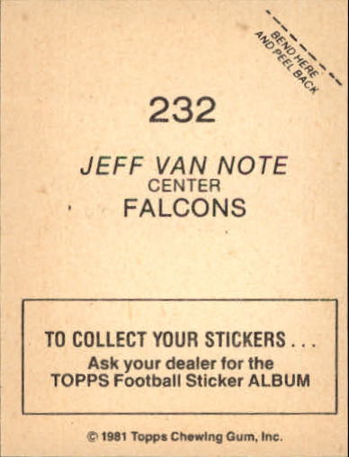 1981 Topps Stickers #232 Jeff Van Note back image