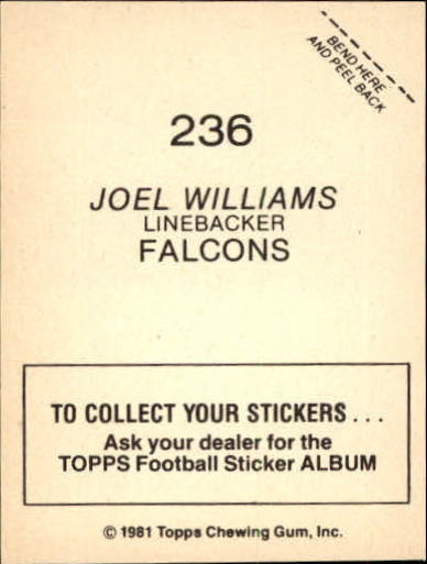 1981 Topps Stickers #236 Joel Williams back image