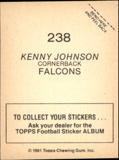 1981 Topps Stickers #238 Kenny Johnson back image