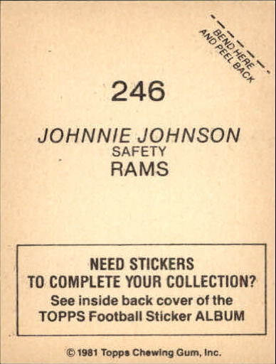 1981 Topps Stickers #246 Johnnie Johnson back image
