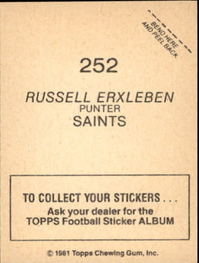 1981 Topps Stickers #252 Russell Erxleben back image