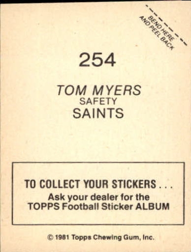 1981 Topps Stickers #254 Tom Myers back image