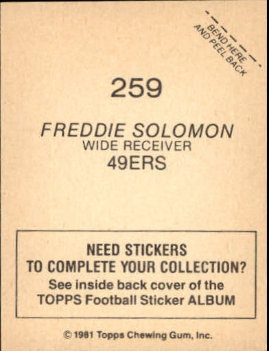 1981 Topps Stickers #259 Freddie Solomon back image