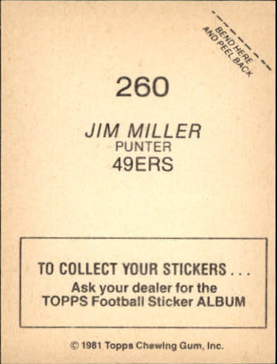 1981 Topps Stickers #260 Jim Miller P back image