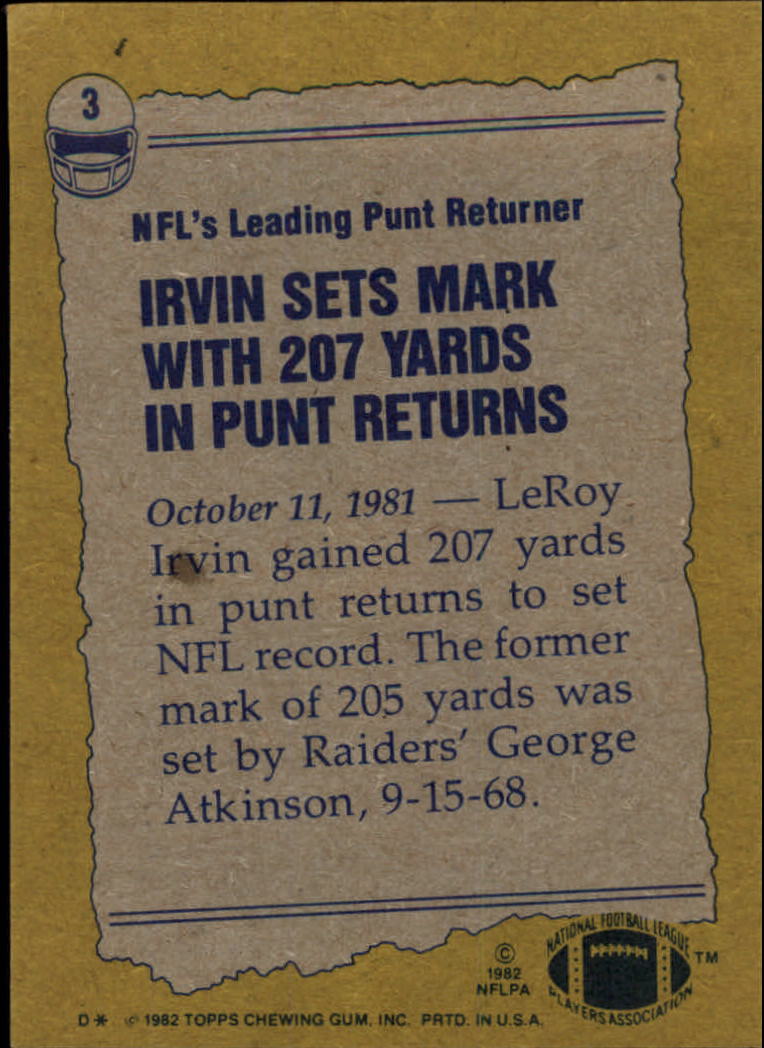 1982 Topps #3 LeRoy Irvin RB/Most Punt Return/Yardage: Game back image
