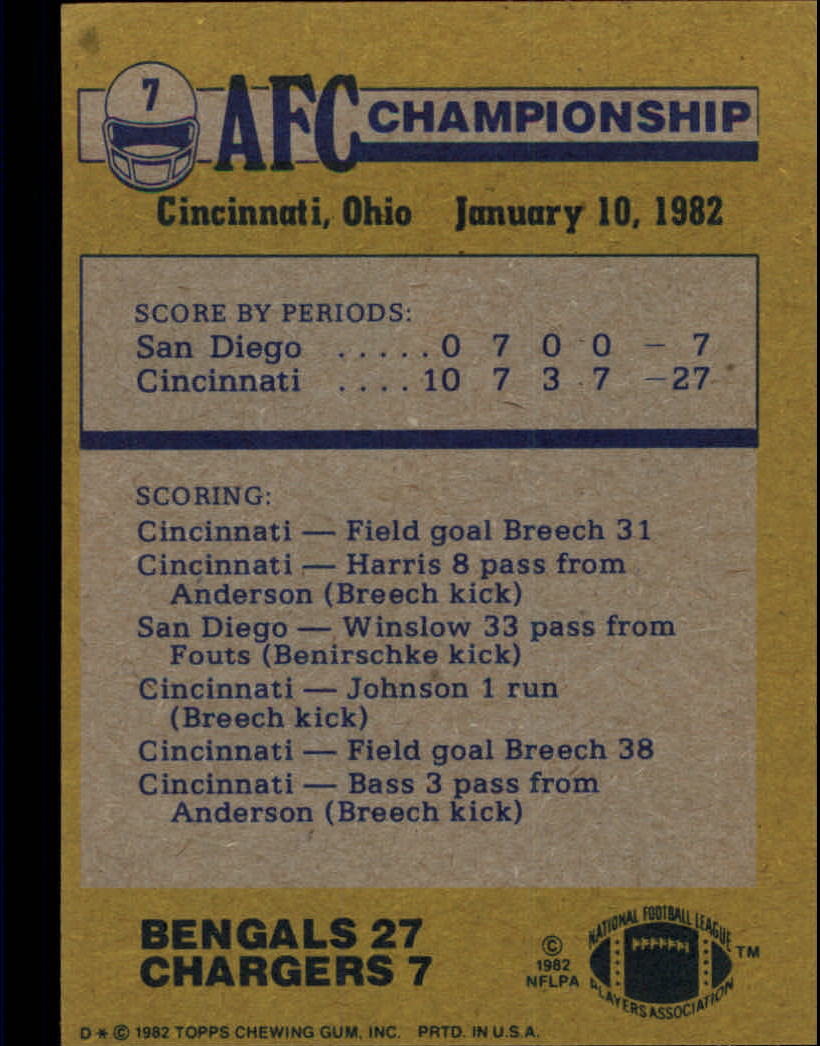 1982 Topps #7 AFC Championship/Bengals 27,/Chargers 7/(Ken Anderson/handing off to/Pete Johnson) back image