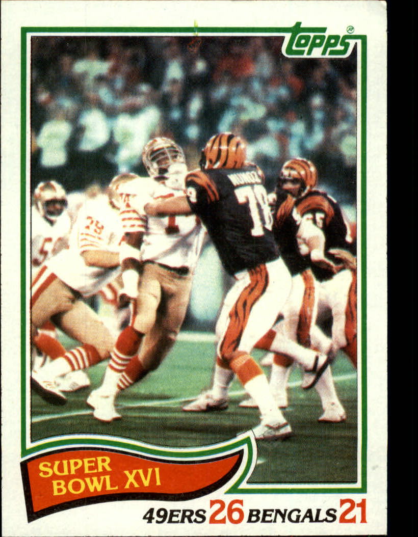 1982 Topps #9 Super Bowl XVI/49ers 26,/Bengals 7/(Anthony Munoz/blocking) -  NM-MT