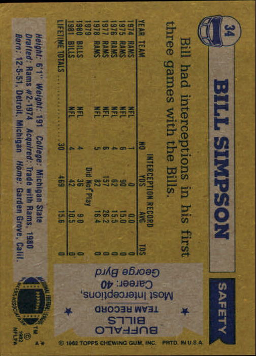 1982 Topps #34 Bill Simpson back image