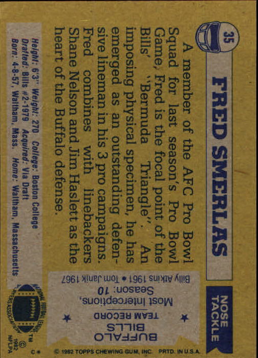1982 Topps #35 Fred Smerlas back image