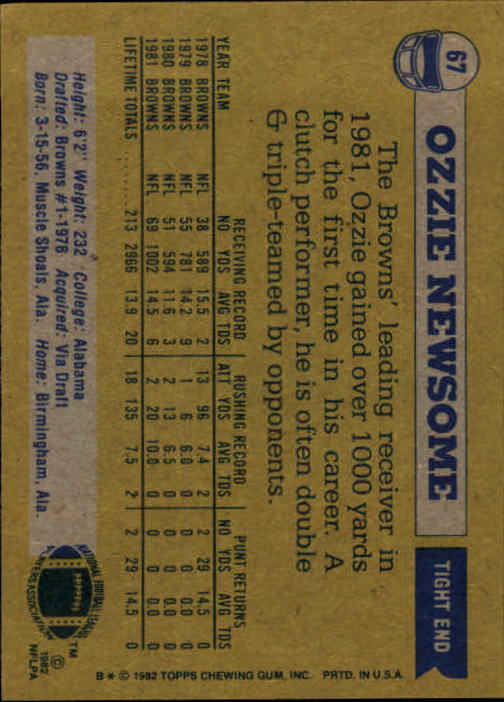 1982 Topps #67 Ozzie Newsome back image