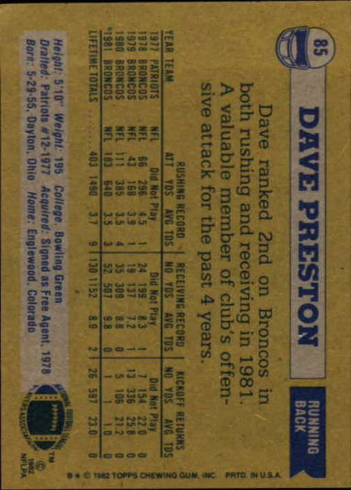1982 Topps #85 Dave Preston back image