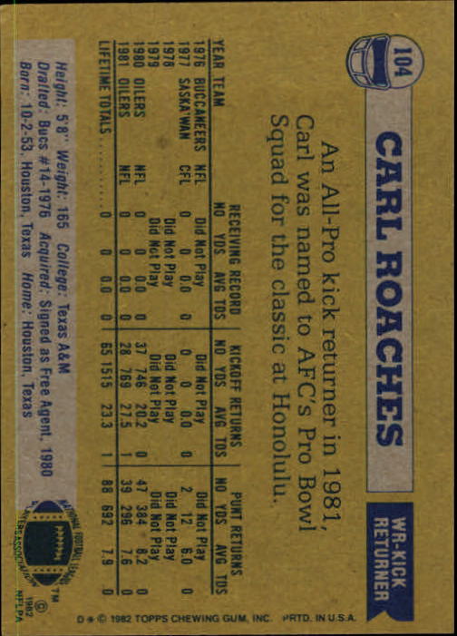 1982 Topps #104 Carl Roaches back image