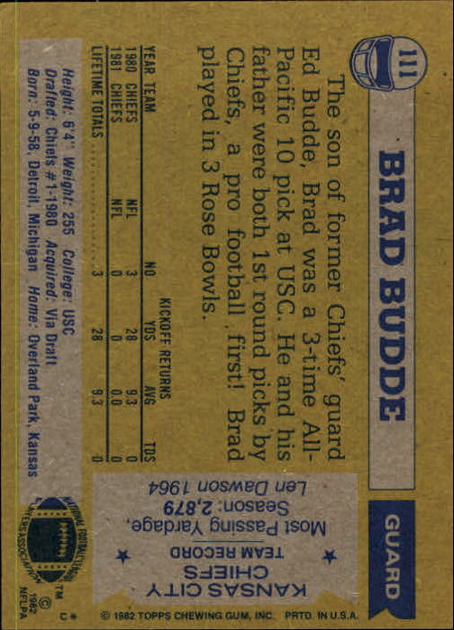 1982 Topps #111 Brad Budde RC back image