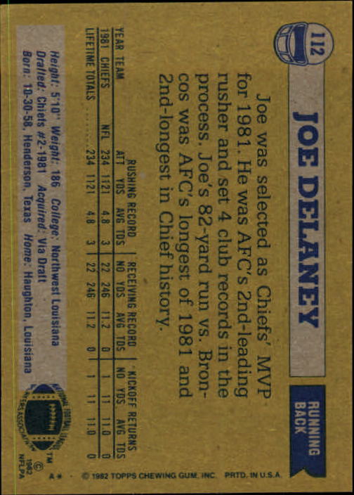 1982 Topps #112 Joe Delaney AP  RC back image